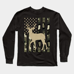 Camouflage Camo American Flag Whitetail Deer Long Sleeve T-Shirt